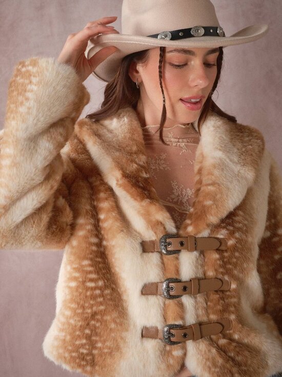 blue b Jackets & Blazers - NWT BLUE B Buckled Deer Print Faux Fur Jacket